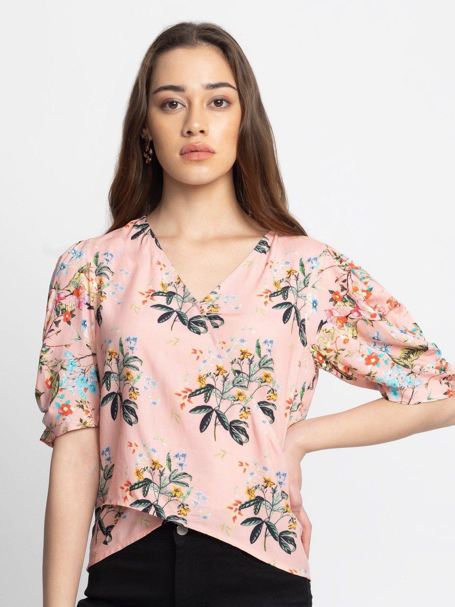 v-neck peach printed short sleeves casual top for women