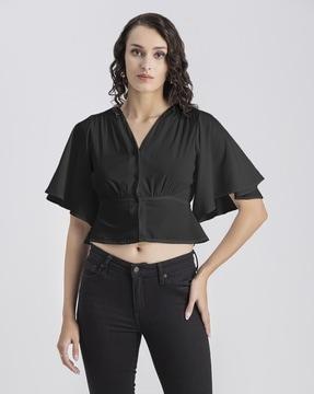 v-neck peplum top with bell sleeves