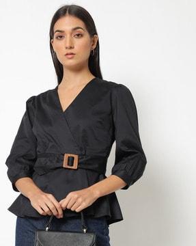 v-neck peplum wrap top with attached belt