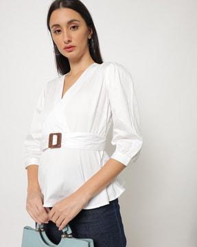 v-neck peplum wrap top with attached belt