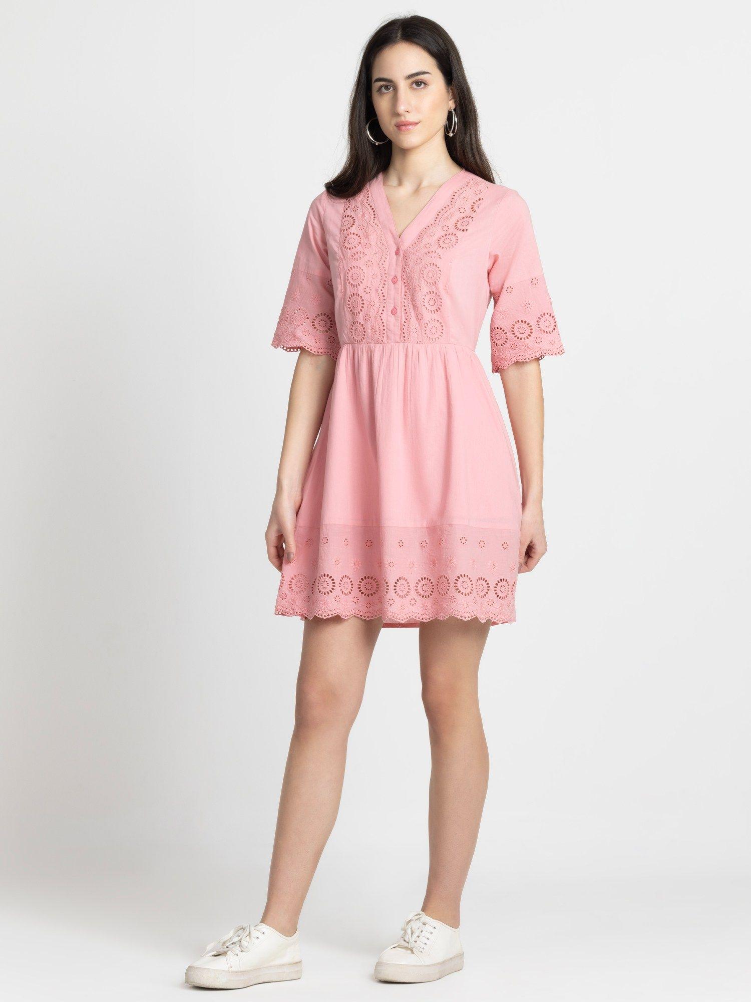 v-neck pink embroidered half sleeves casual mini dress for women