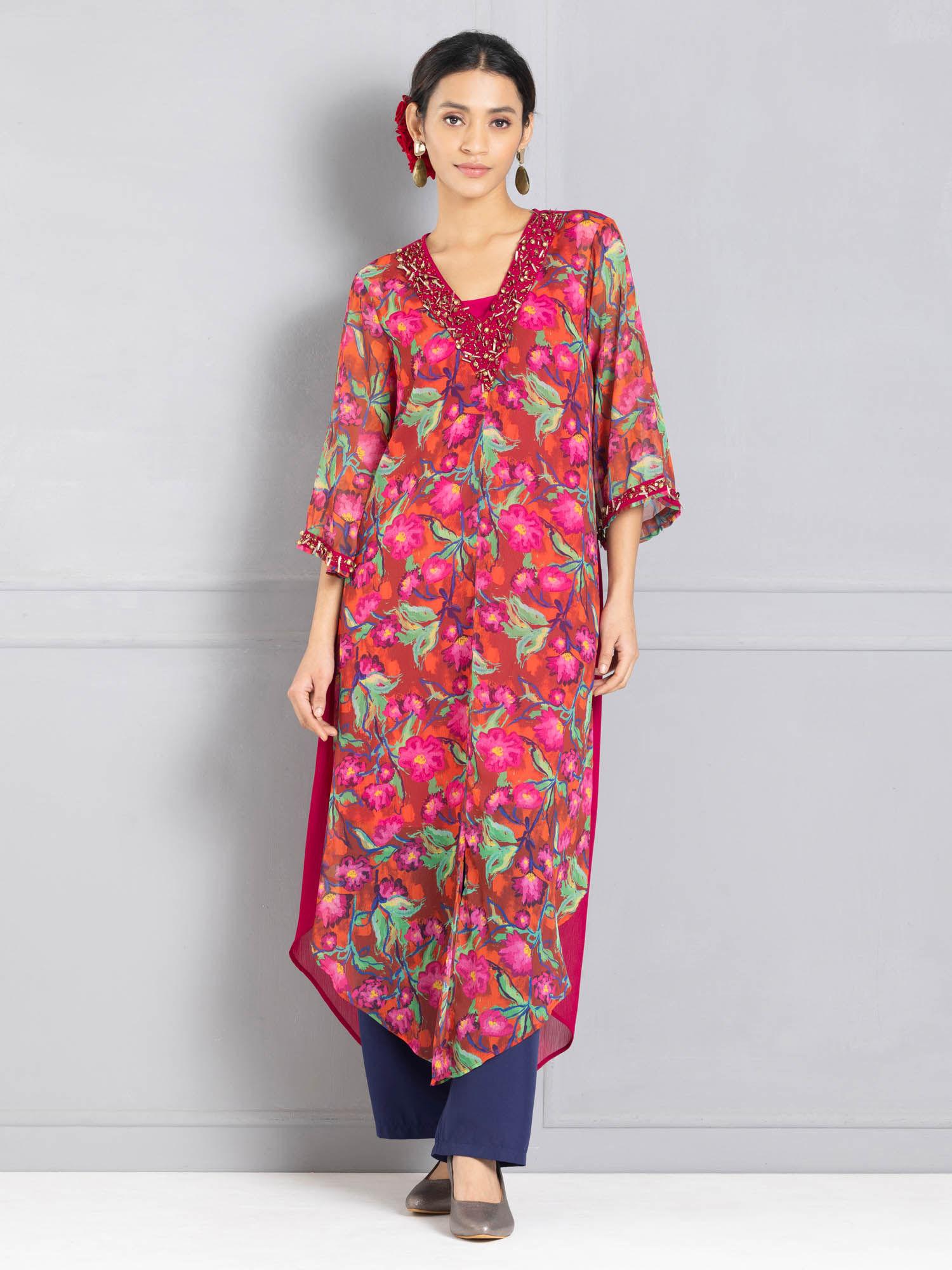 v-neck pink floral print three-quarter sleeves ethnic kurta for women (set of 2)