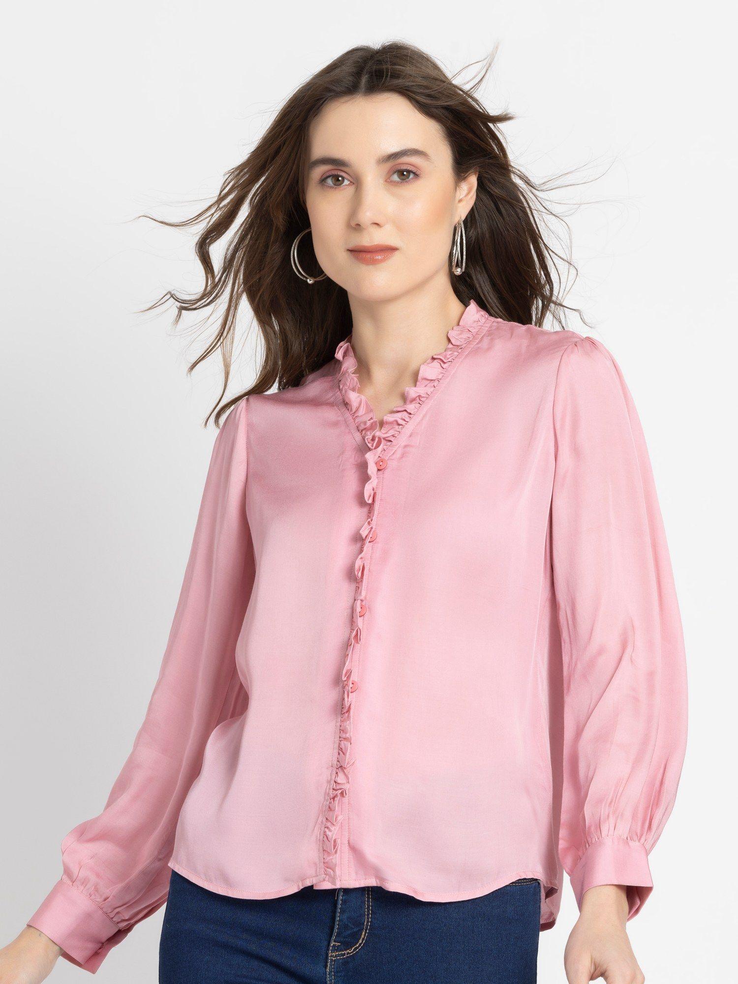 v-neck pink solid long sleeves casual shirt for women