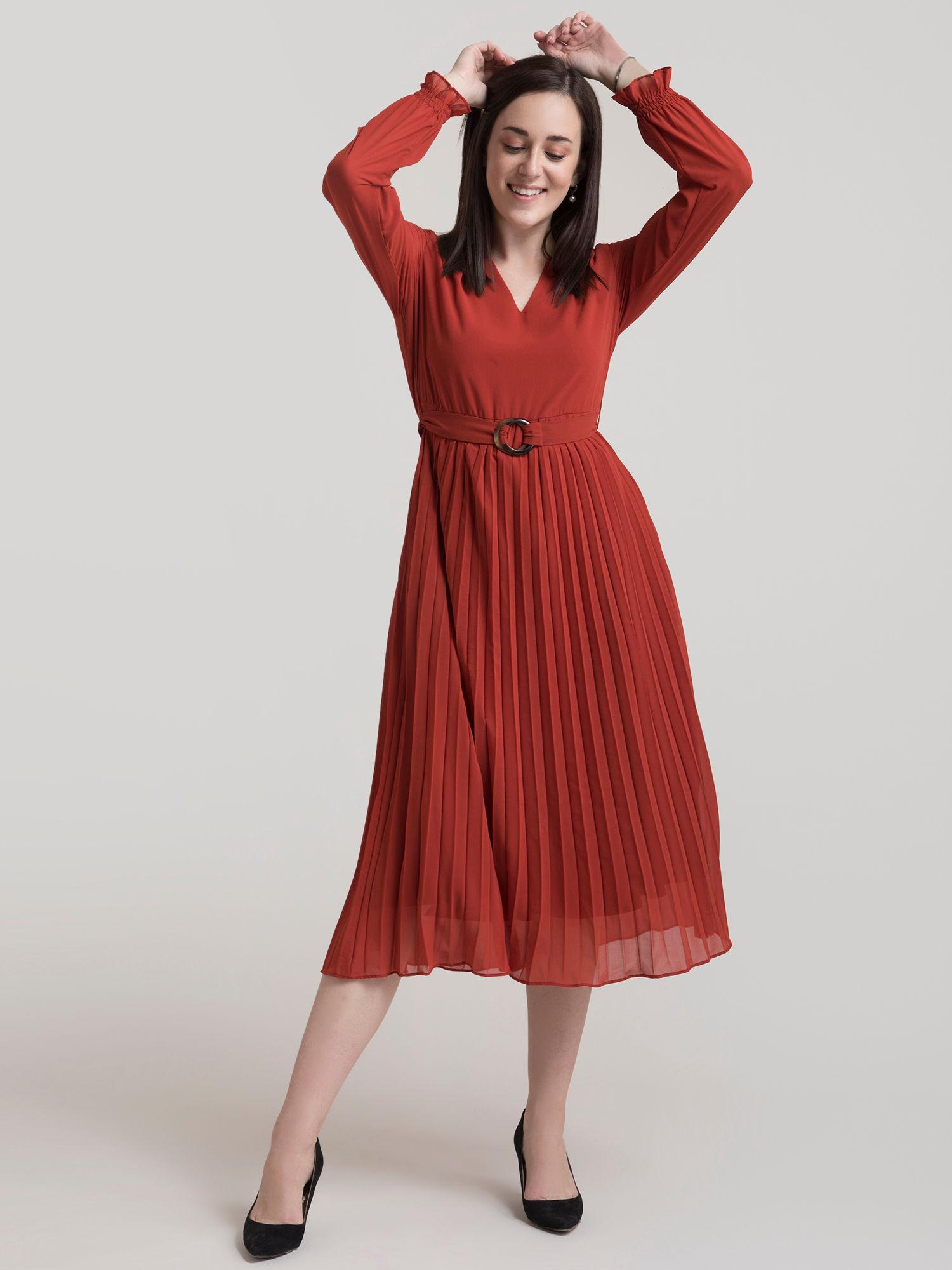 v neck pleated fit and flare dress - rust