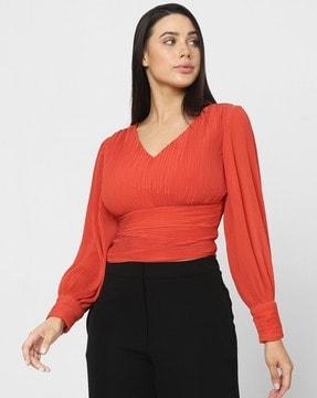 v-neck pleated top with puff sleeves