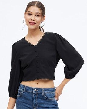 v-neck puff sleeves lace insert top