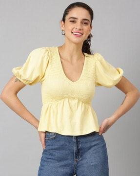v-neck puffed sleeves top