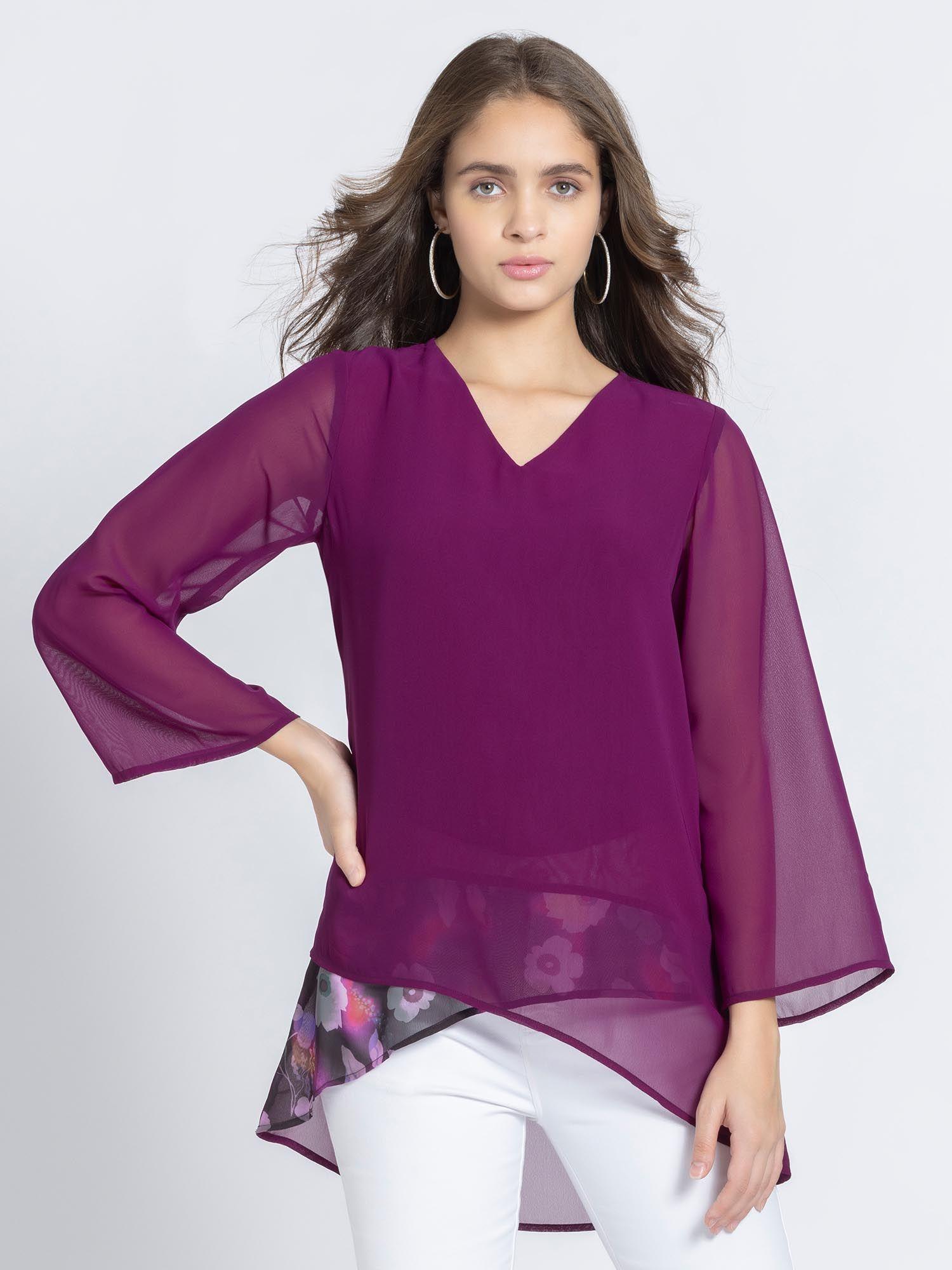 v-neck purple overlap georgette ethnic tunic for women