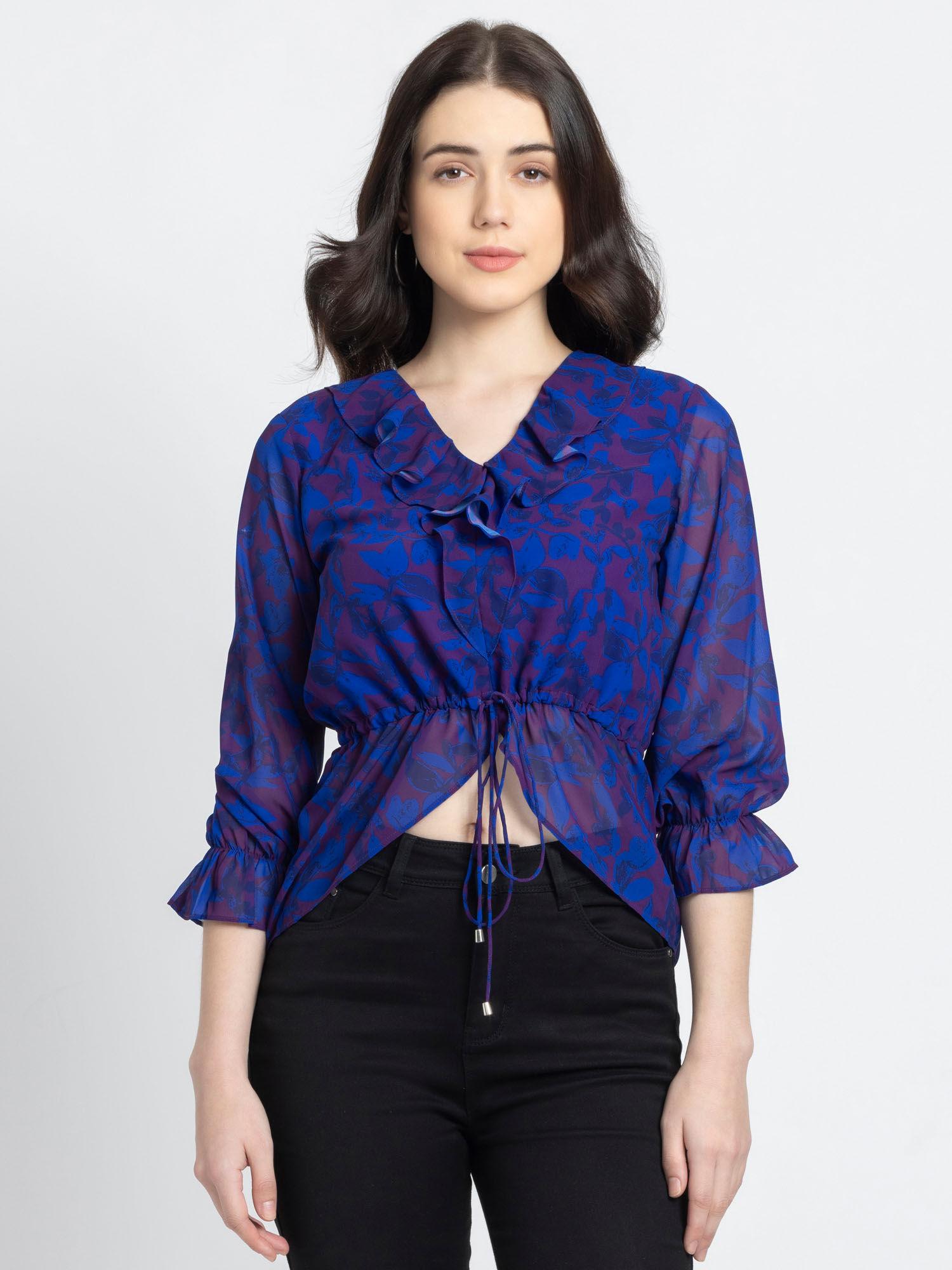 v-neck purple printed three fourth sleeves casual tops for women