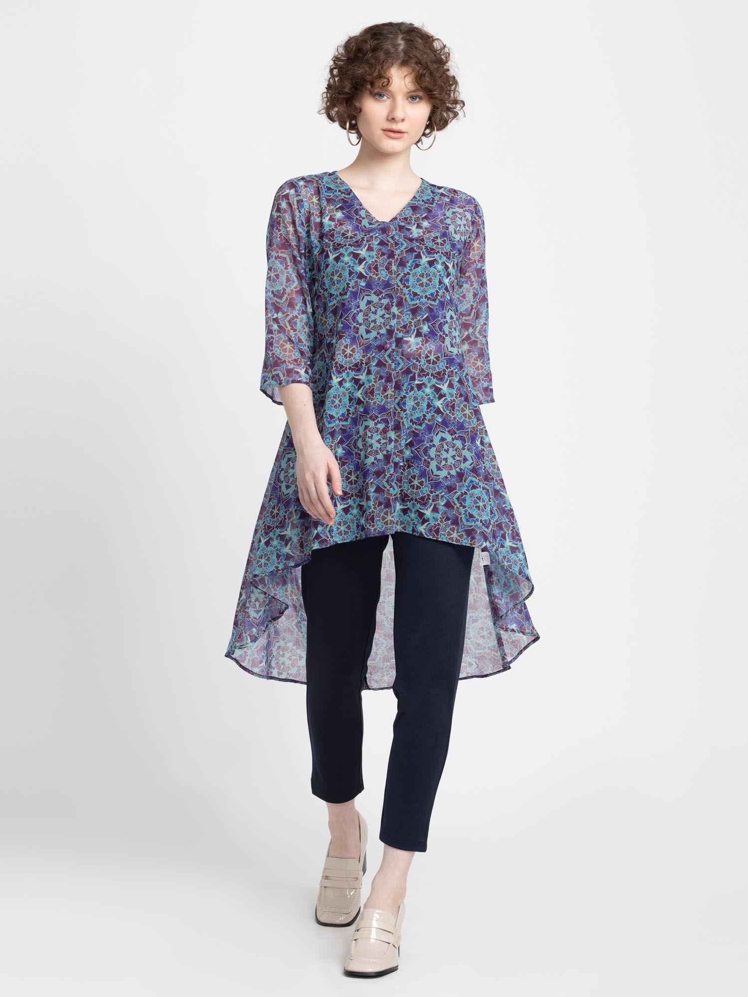 v-neck purple printed three-quarter sleeves fusion tunic for women