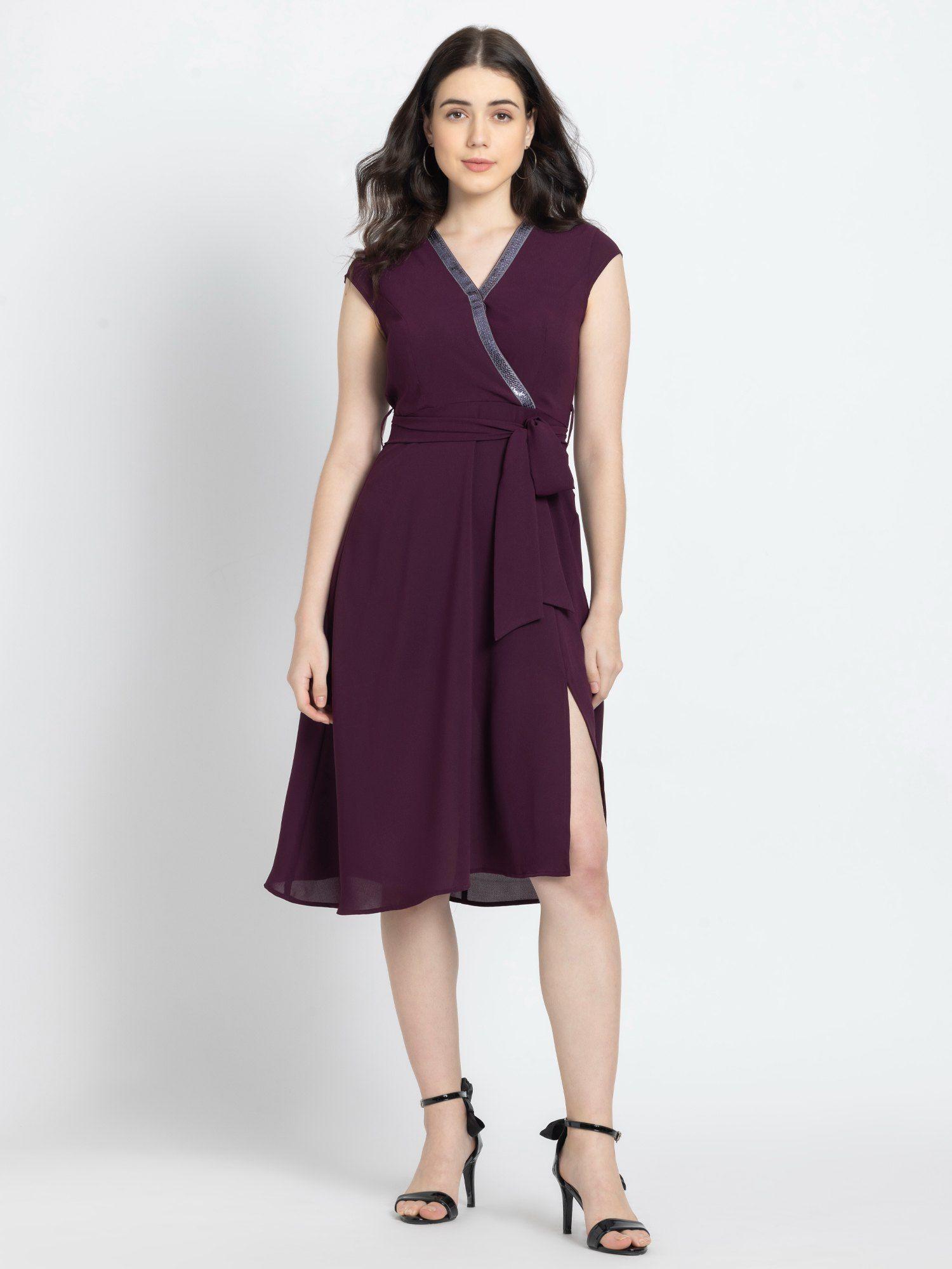 v-neck purple solid short sleeves party dress for women (set of 2)