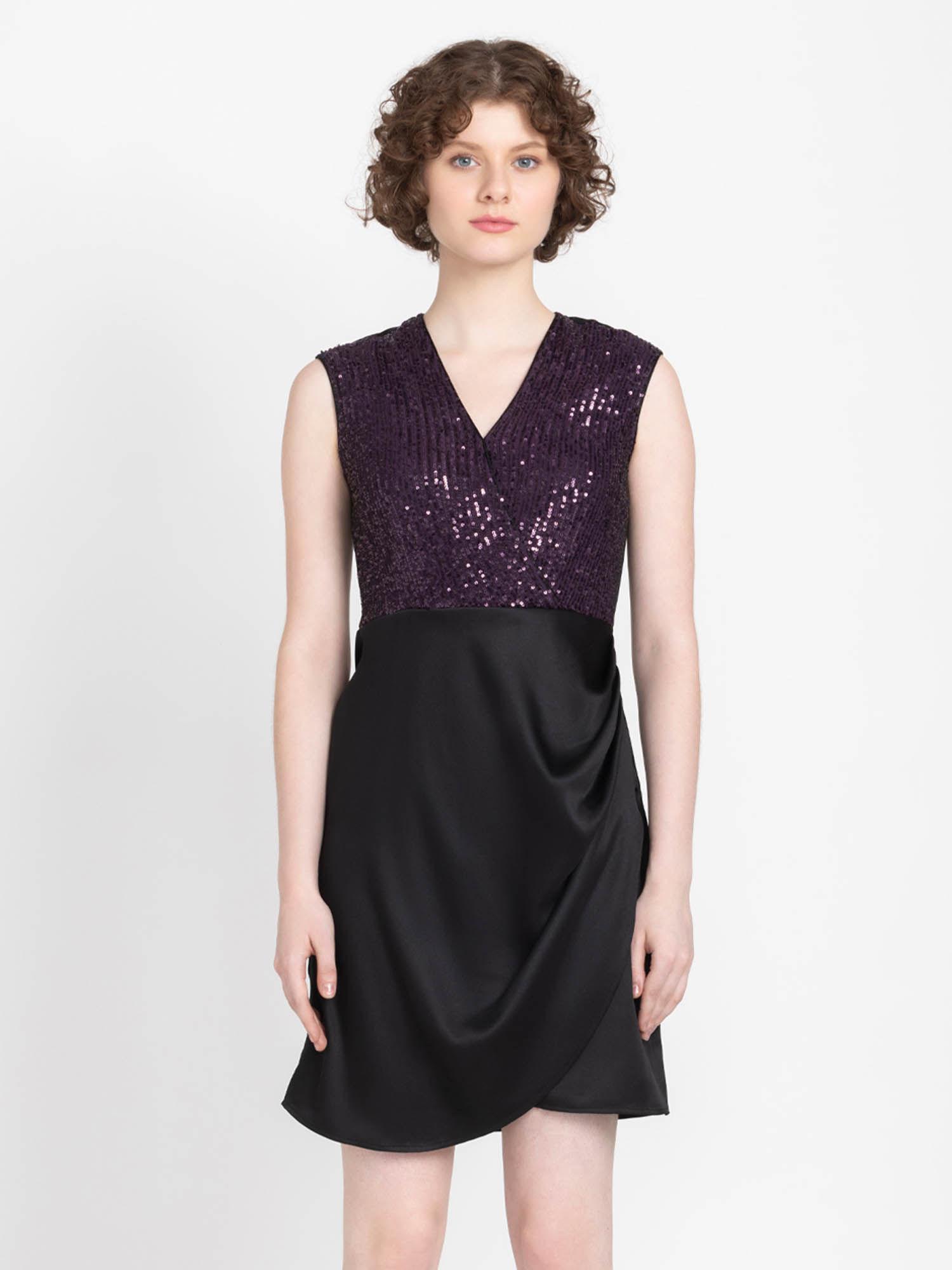 v-neck purple solid sleeveless party dress for women