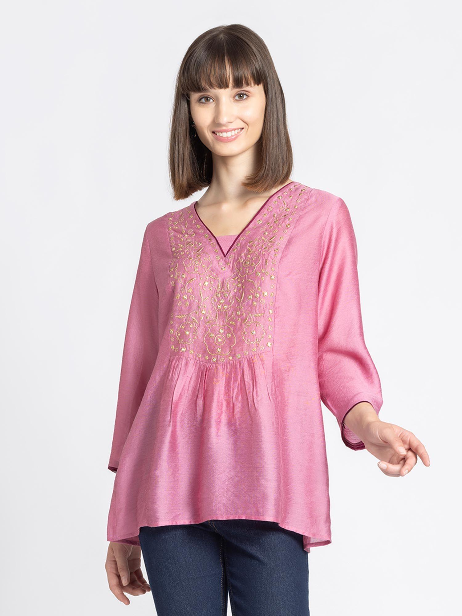 v-neck raspberry embroidered ethnic tunic for women