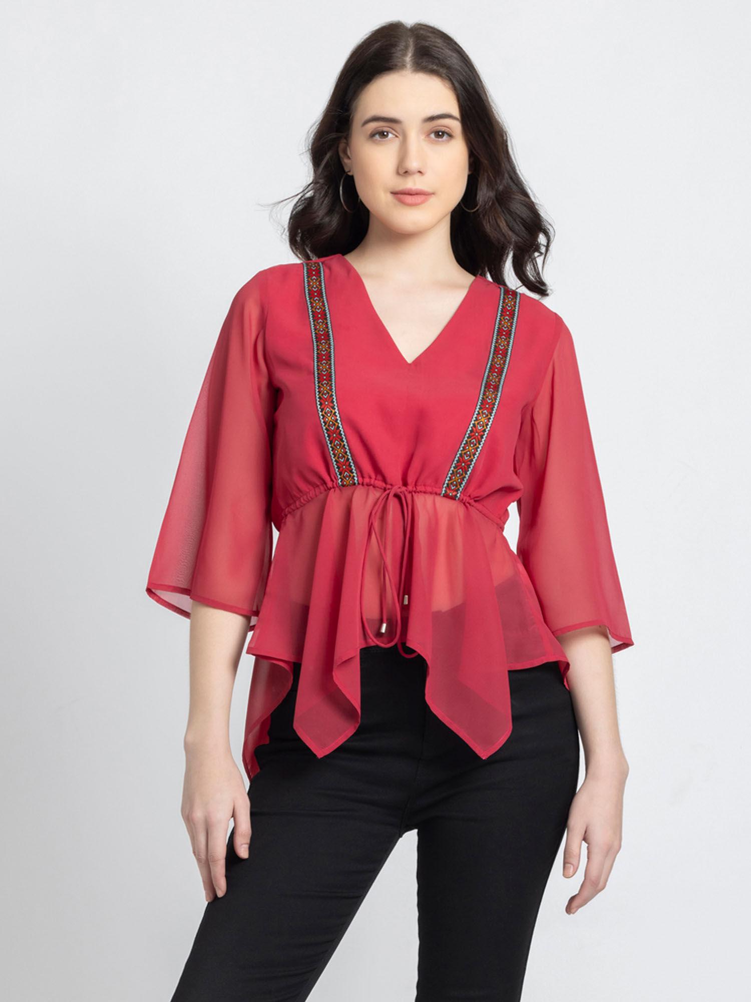 v-neck red embroidered three fourth sleeves casual tops for women