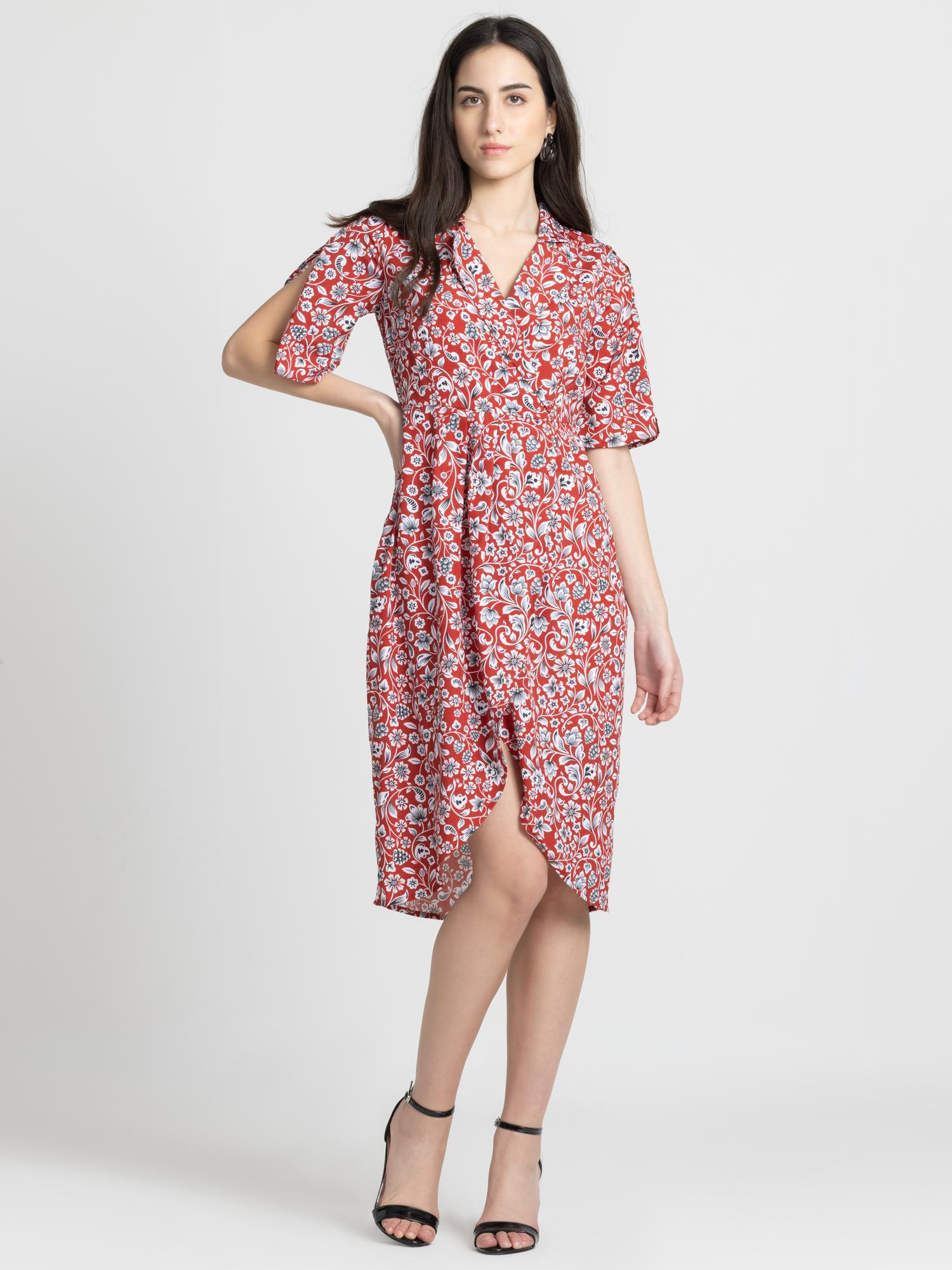 v-neck red floral print short sleeves casual midi dress for women