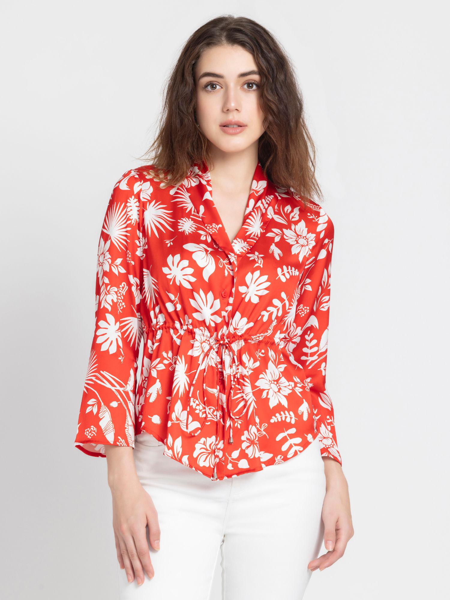 v-neck red floral print three quarter sleeves casual shirt for women