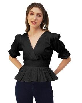 v-neck ruched top with puff sleeves