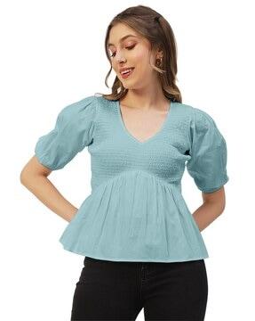 v-neck ruched top with puff sleeves