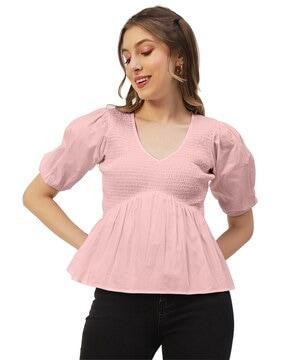 v-neck ruched top with puff sleeves