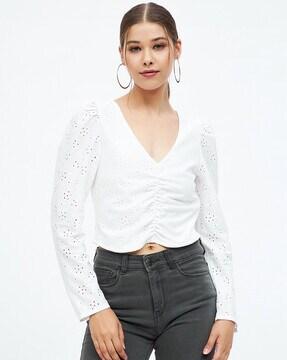 v-neck schiffli top with puff sleeves