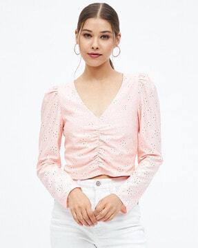 v-neck schiffli top with puff sleeves