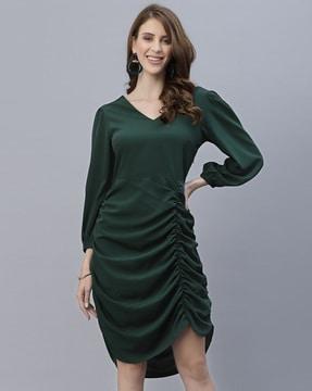 v-neck sheath dress with cuffed sleeves