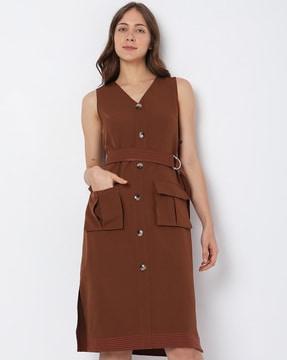 v-neck sheath dress with flap pockets