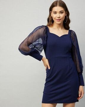 v-neck sheath dress with puff sleeves