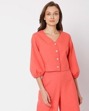 v-neck shirt with puff sleeves