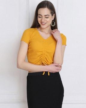 v-neck short sleeve tie front crop top