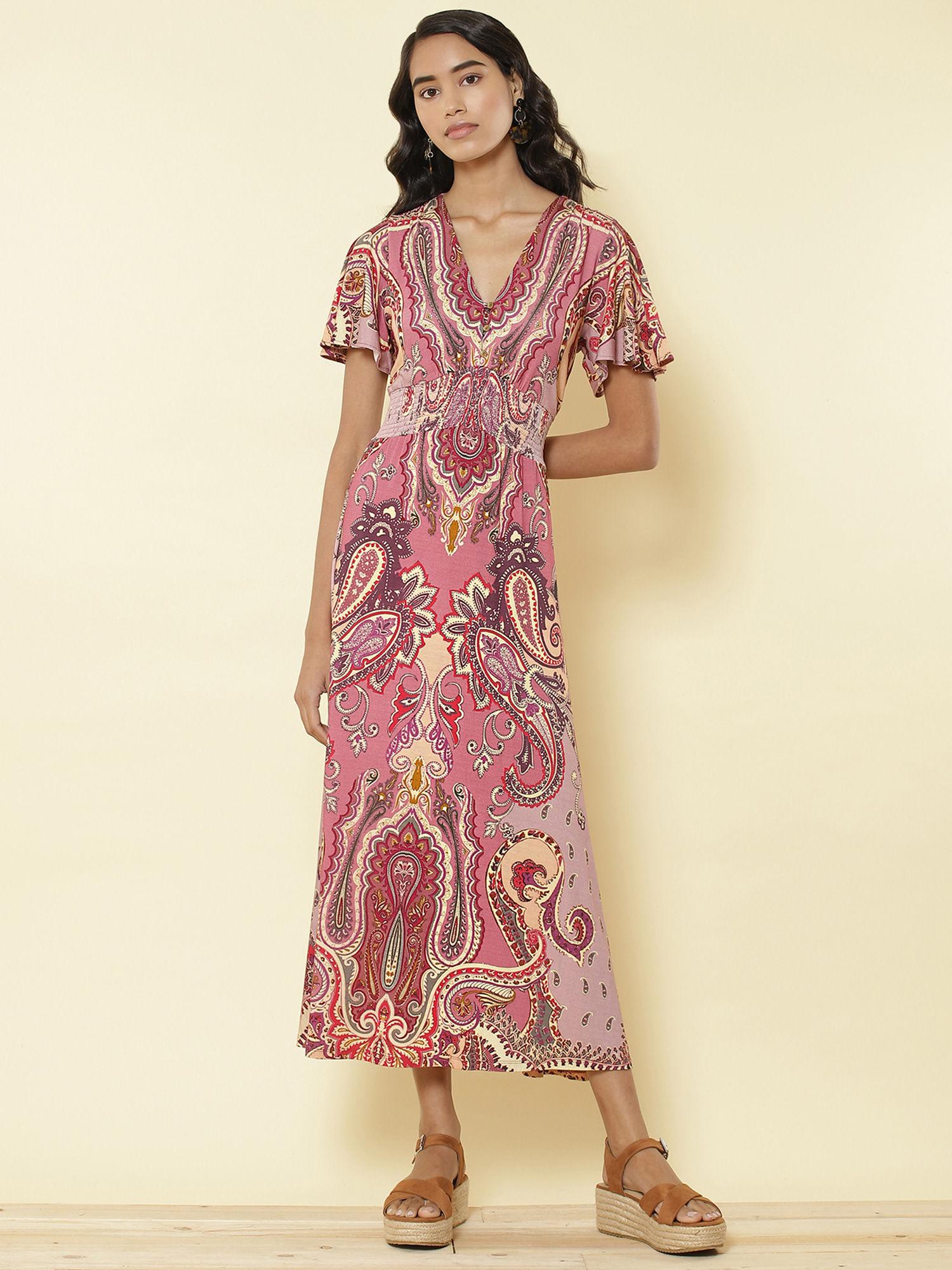 v-neck short sleeves printed long dress