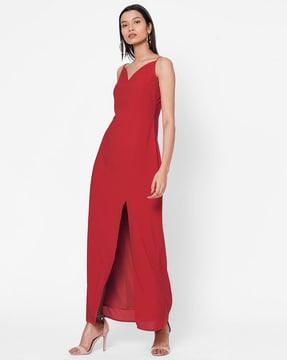 v-neck side slit dress with strappy sleeves