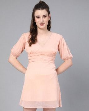 v-neck skater dress with puffed sleeves