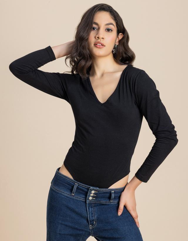 v-neck solid cotton bodysuit for women black