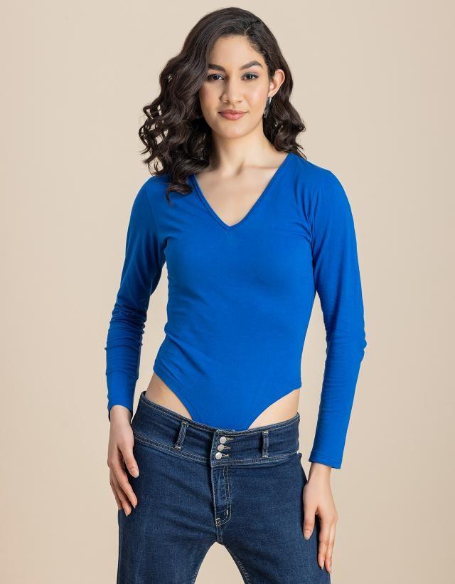 v-neck solid cotton bodysuit for women blue