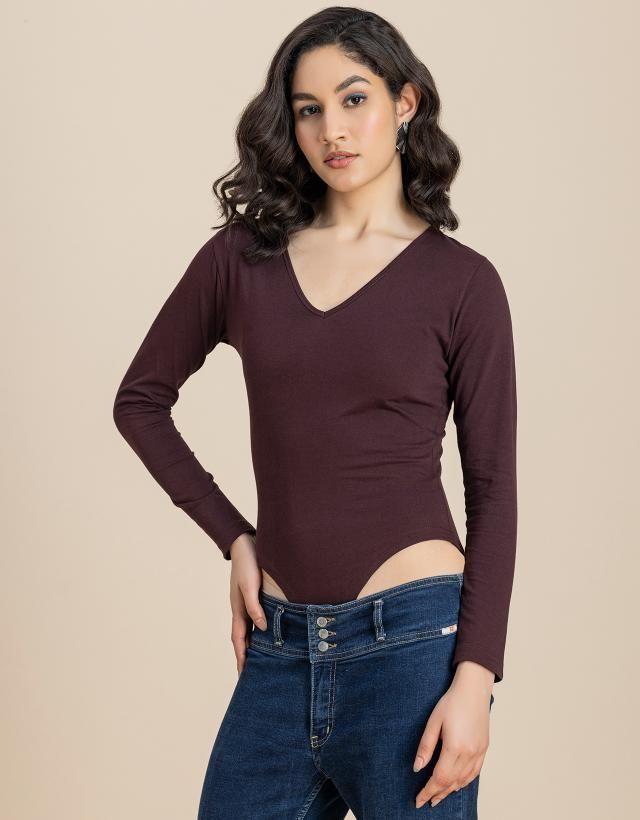 v-neck solid cotton bodysuit for women mauve