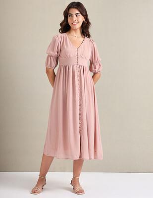 v-neck solid midi dress