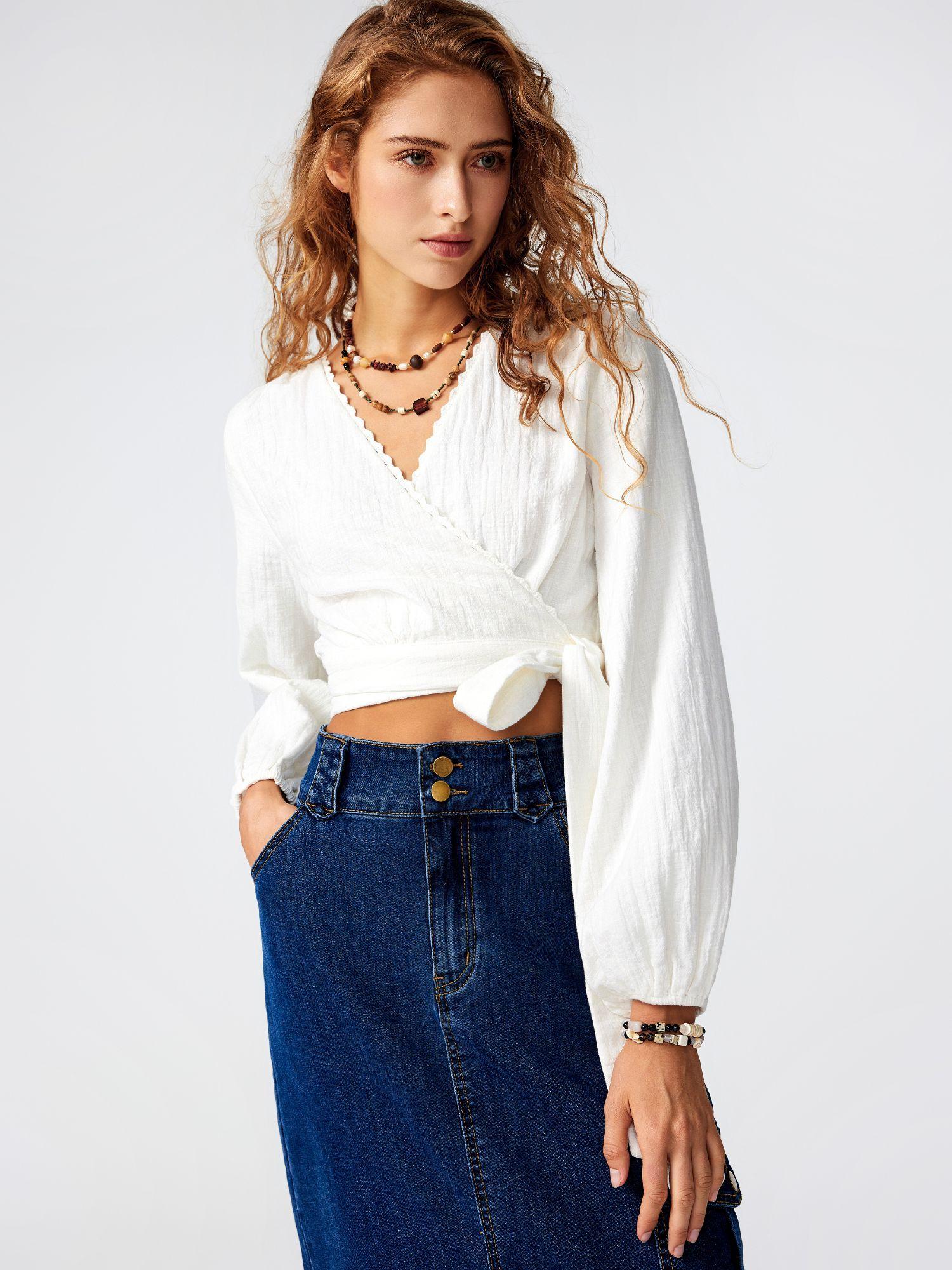 v neck solid ruffle long sleeve blouse