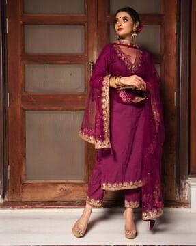 v-neck straight kurta with pants & dupatta