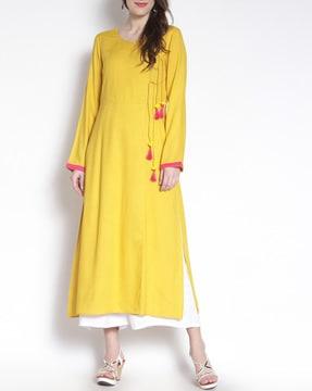 v-neck straight kurta with tie-up tassels