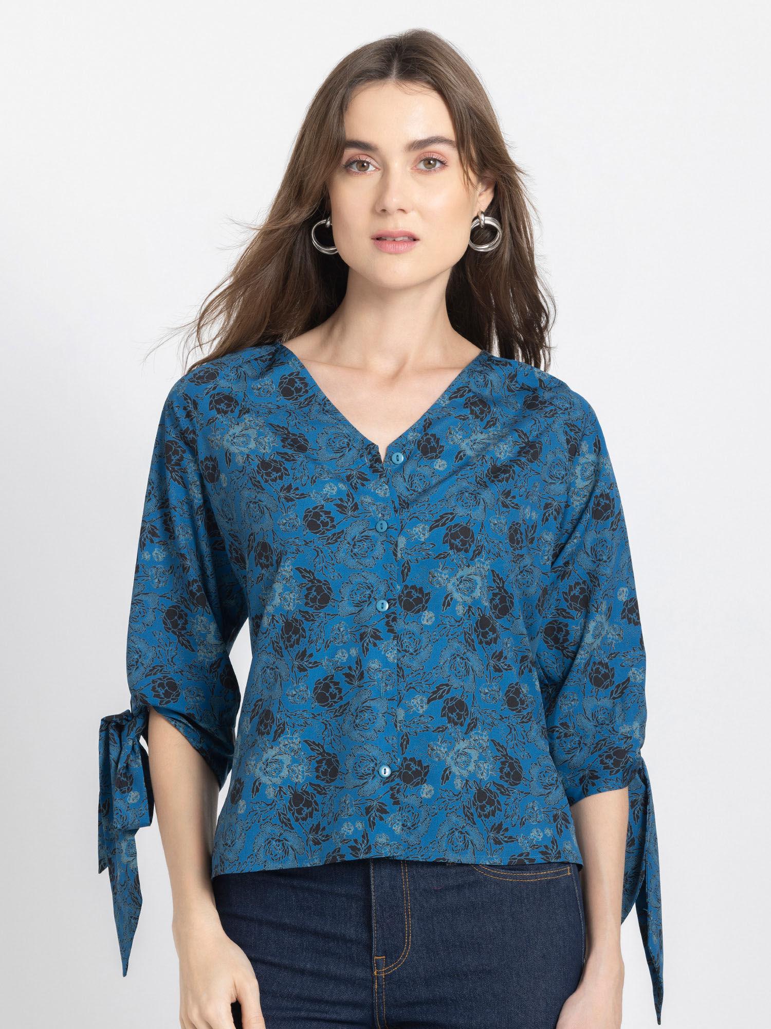 v-neck teal floral print short sleeves casual top for women