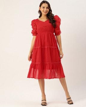 v-neck tiered dress with puff sleeves