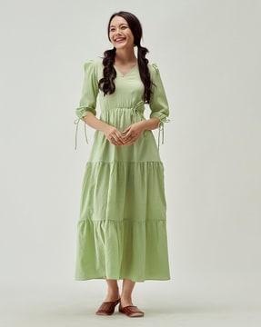 v-neck tiered dress with puff sleeves