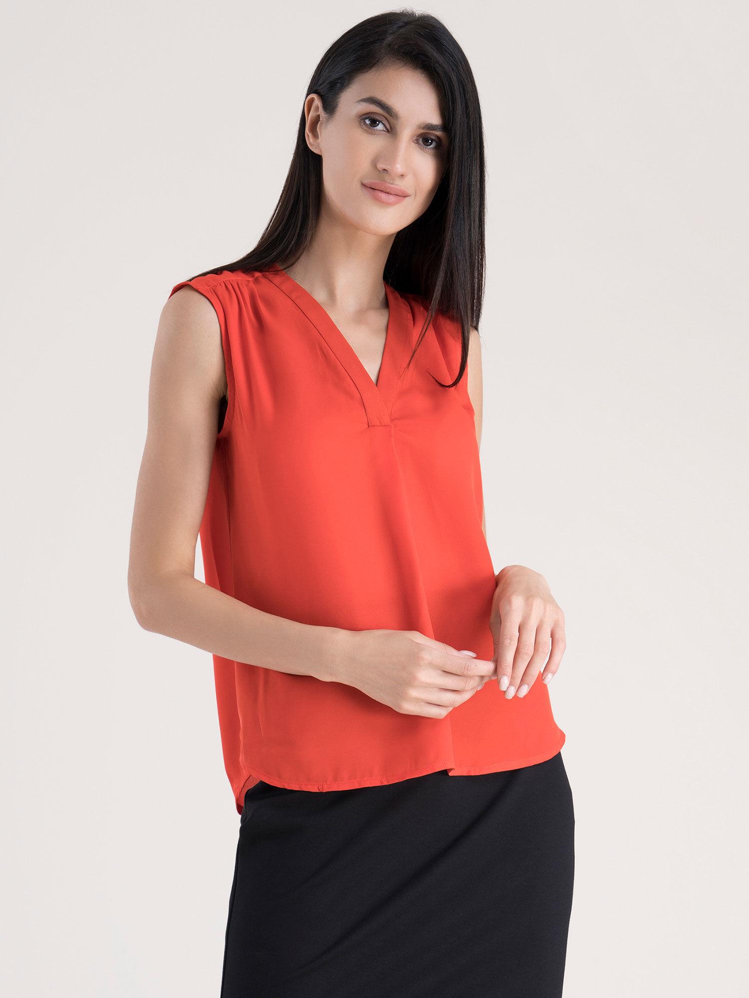 v neck top - coral red