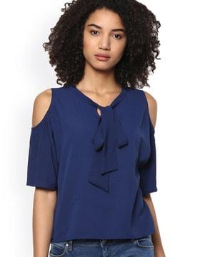 v-neck top with cutout sleeves & tie-up