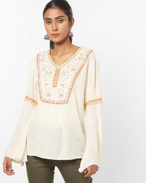 v-neck top with embroidered yoke