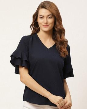 v-neck top with flounce sleeves