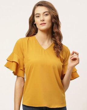 v-neck top with flounce sleeves