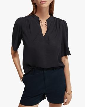 v-neck top with neck tie-up