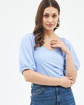 v-neck top with puff sleeves